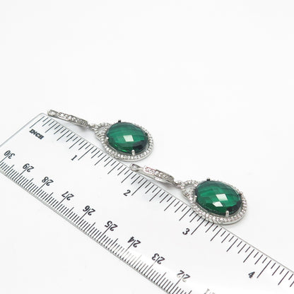 925 Sterling Silver White & Green C Z Dangling Earrings