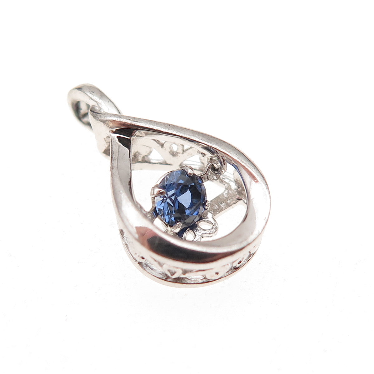 925 Sterling Silver Lab-Created Round-Cut Sapphire Teardrop Charm Pendant