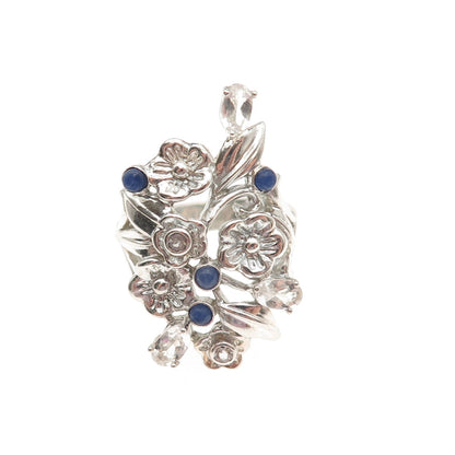 925 Sterling Silver Real Tanzanite & White Topaz Floral Ring Size 7.25
