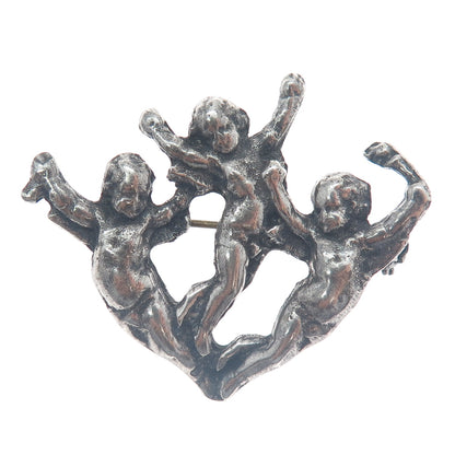925 Sterling Silver 2-Tone Vintage Cherub Angels Oxidized Pin Brooch