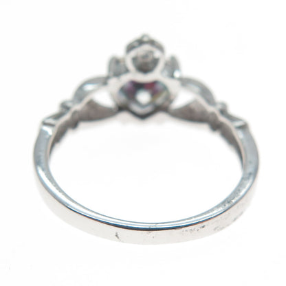 925 Sterling Silver Heart-Cut Mystic Quartz & C Z Irish Claddagh Ring Size 6