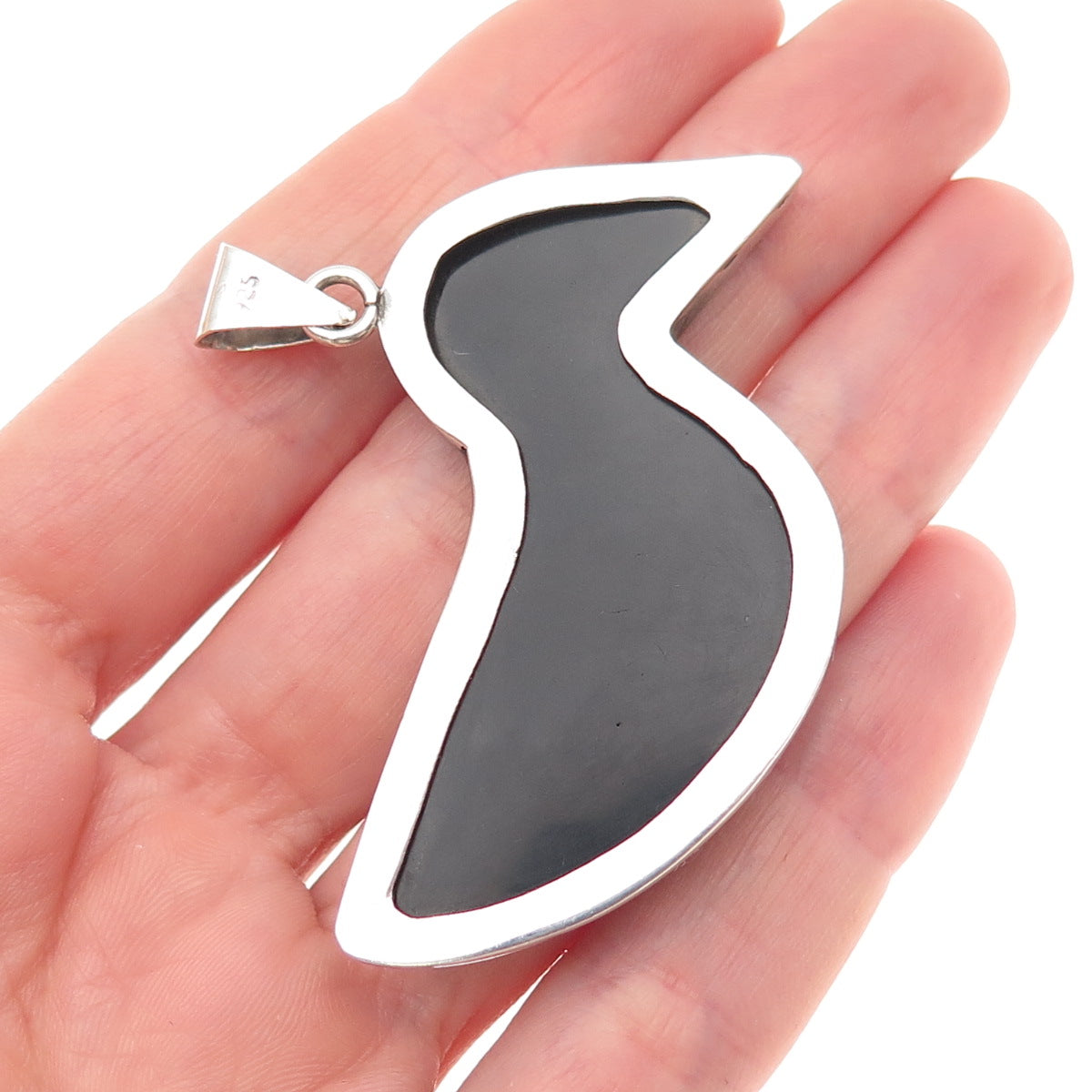 925 Sterling Silver Vintage Real Black Onyx & Opal Inlay Modernist Bird Pendant