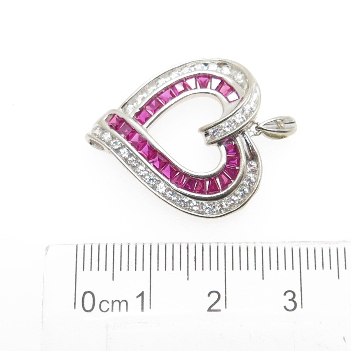 925 Sterling Silver Real Diamond White Topaz & Lab-Created Ruby Heart Pendant