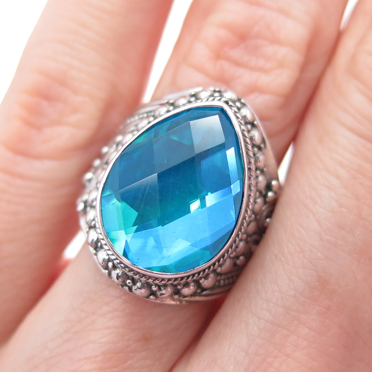 SARDA 925 Sterling Silver Vintage Mystic Blue C Z Teardrop Beaded Ring Size 5.5