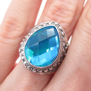 SARDA 925 Sterling Silver Vintage Mystic Blue C Z Teardrop Beaded Ring Size 5.5