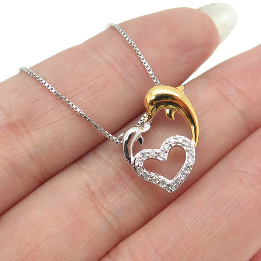 SUN 925 Sterling Silver 2-Tone Real Diamond Dolphin Heart Box Chain Necklace 18"