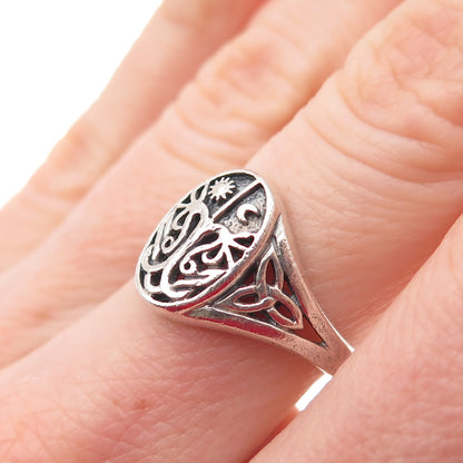 BLING 925 Sterling Vintage Celtic Night Day Sun Moon Tree of Life Ring Size 6