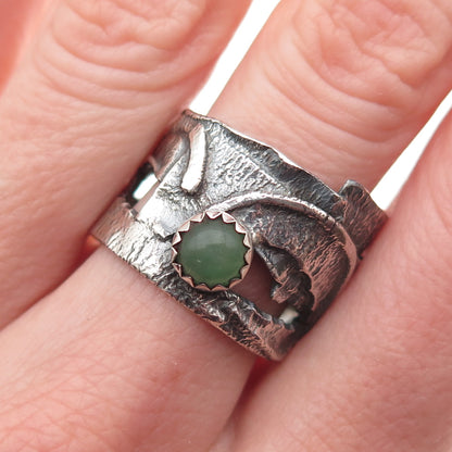 925 Sterling Silver Vintage Real Jade Modernist Oxidized Ring Size 9