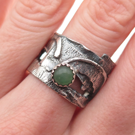 925 Sterling Silver Vintage Real Jade Modernist Oxidized Ring Size 9