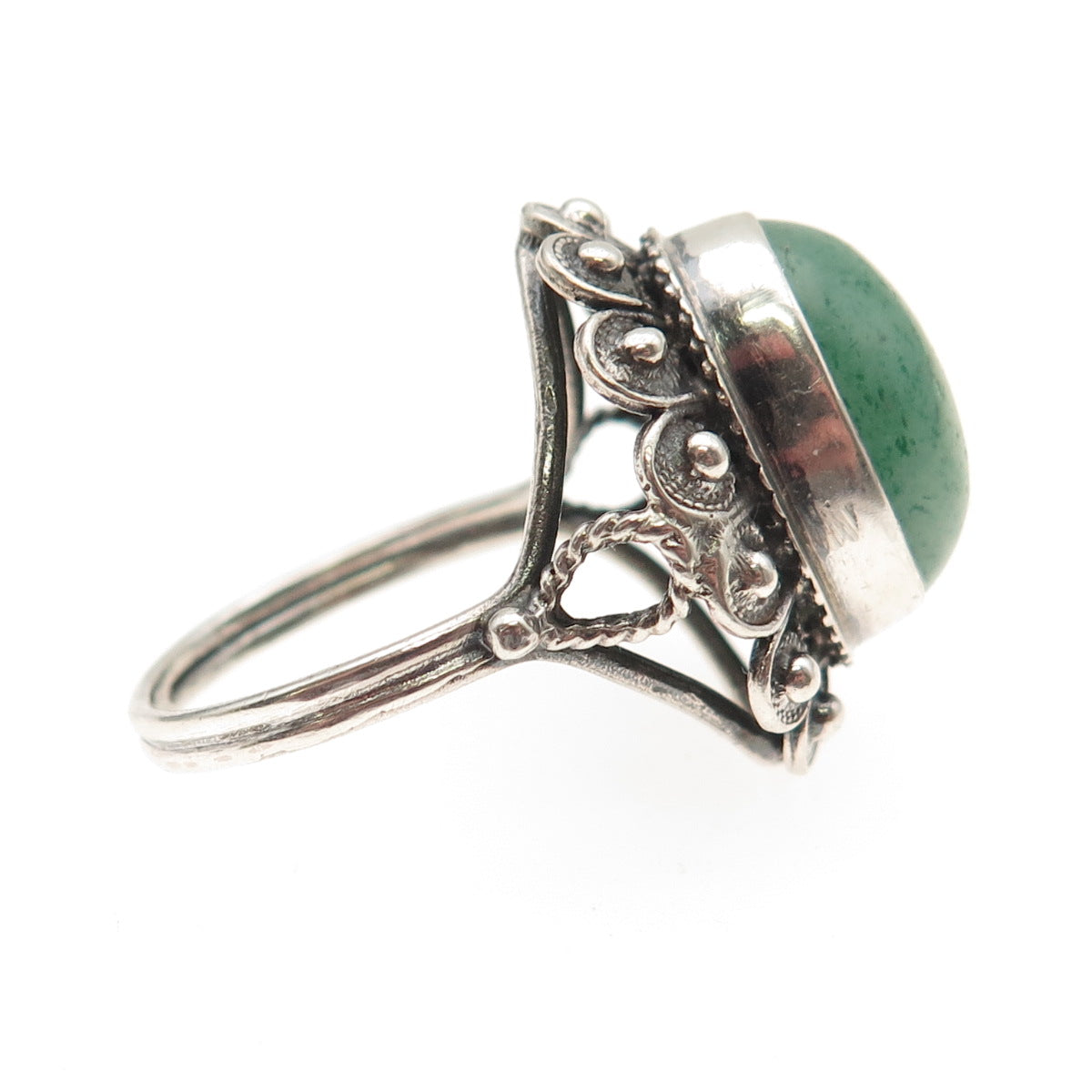 925 Sterling Silver Antique Art Deco Real Aventurine Floral Oxidized Ring Size 9