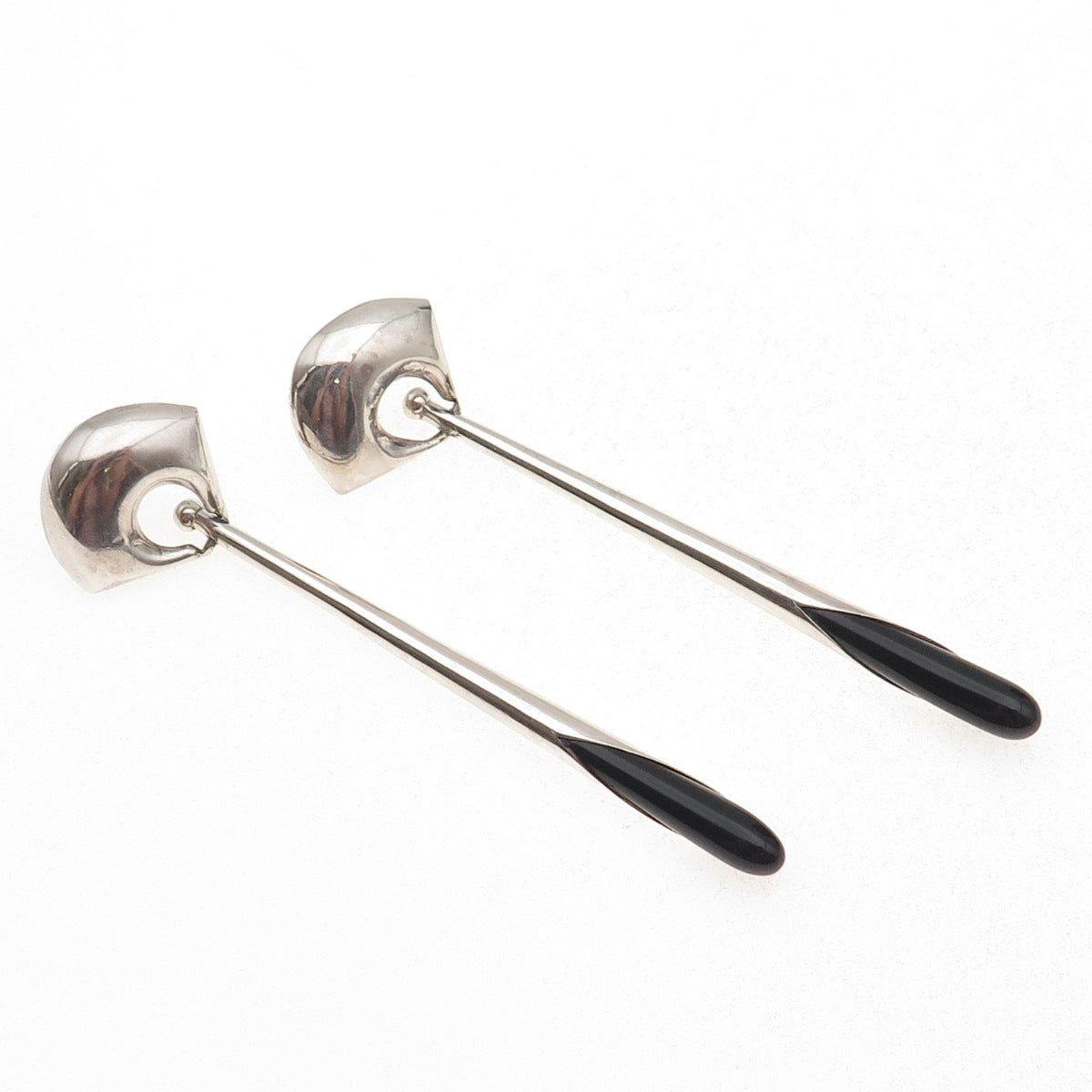 925 Sterling Silver Vintage Real Black Onyx Modernist Dangle Earrings
