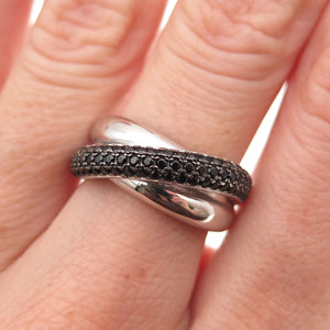 925 Sterling Silver Real Round-Cut Black Spinel Crisscross Ring Size 6.25