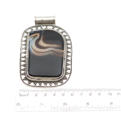925 Sterling Silver Vintage Real Agate Granulated Heavy 91.8g Pendant