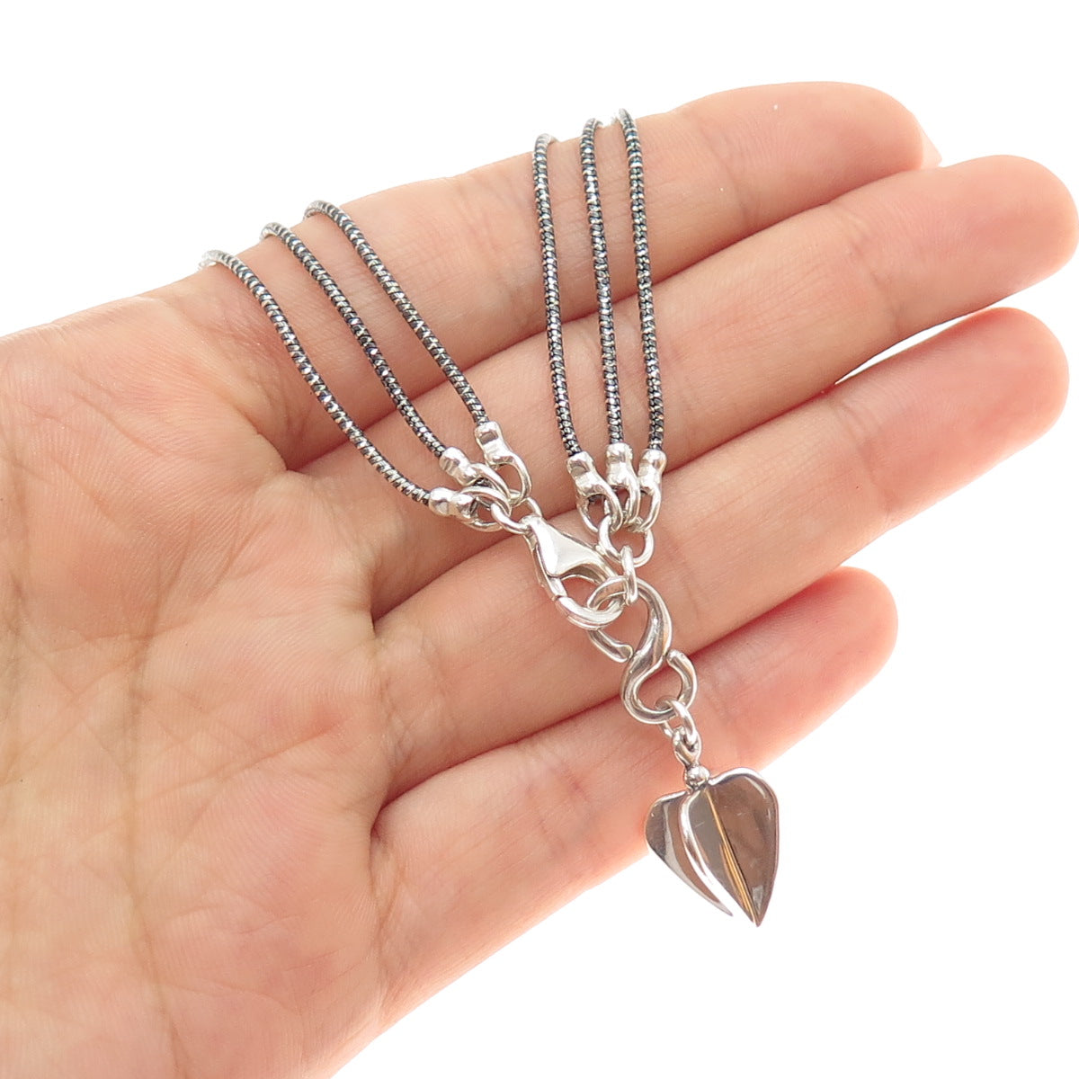 HAGIT GORALI 925 Sterling Silver Vintage Heart Multi-Strand Chain Necklace 18"