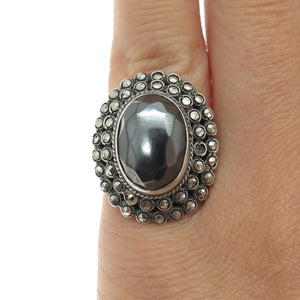 925 Sterling Silver Antique Hematite & Marcasite Ring Size 4 (missing 1 stone)
