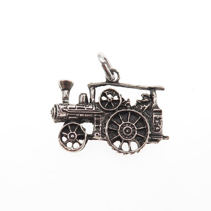 925 Sterling Silver Vintage Steam Traction Engine Oxidized Charm Pendant