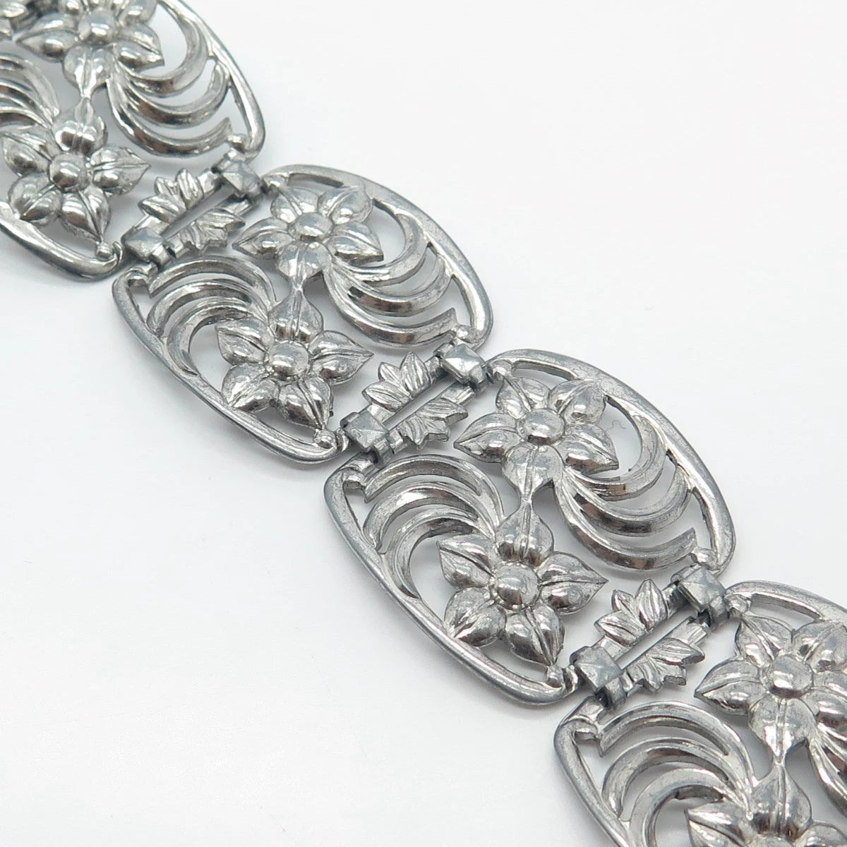 925 Sterling Silver Vintage W. E. Richards Floral Panel Link Bracelet 7.75"