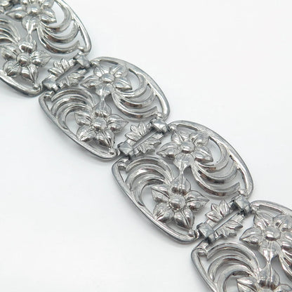 925 Sterling Silver Vintage W. E. Richards Floral Panel Link Bracelet 7.75"