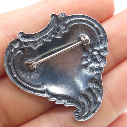 925 Sterling Silver Antique Art Deco Heart & Flower Repousse Oxidized Pin Brooch