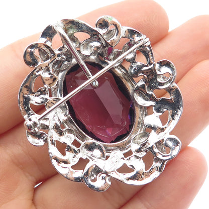 DANECRAFT 925 Sterling Silver Antique Real Amethyst Flower Pin Brooch / Pendant