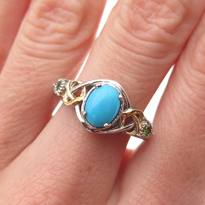 Chuck Clemency 925 Sterling Silver 2-Tone Real Turquoise & Peridot Ring Size 8