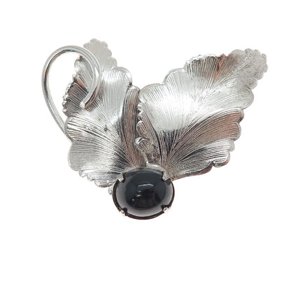 925 Sterling Silver Antique Art Deco Real Black Onyx Floral Leaf Pin Brooch
