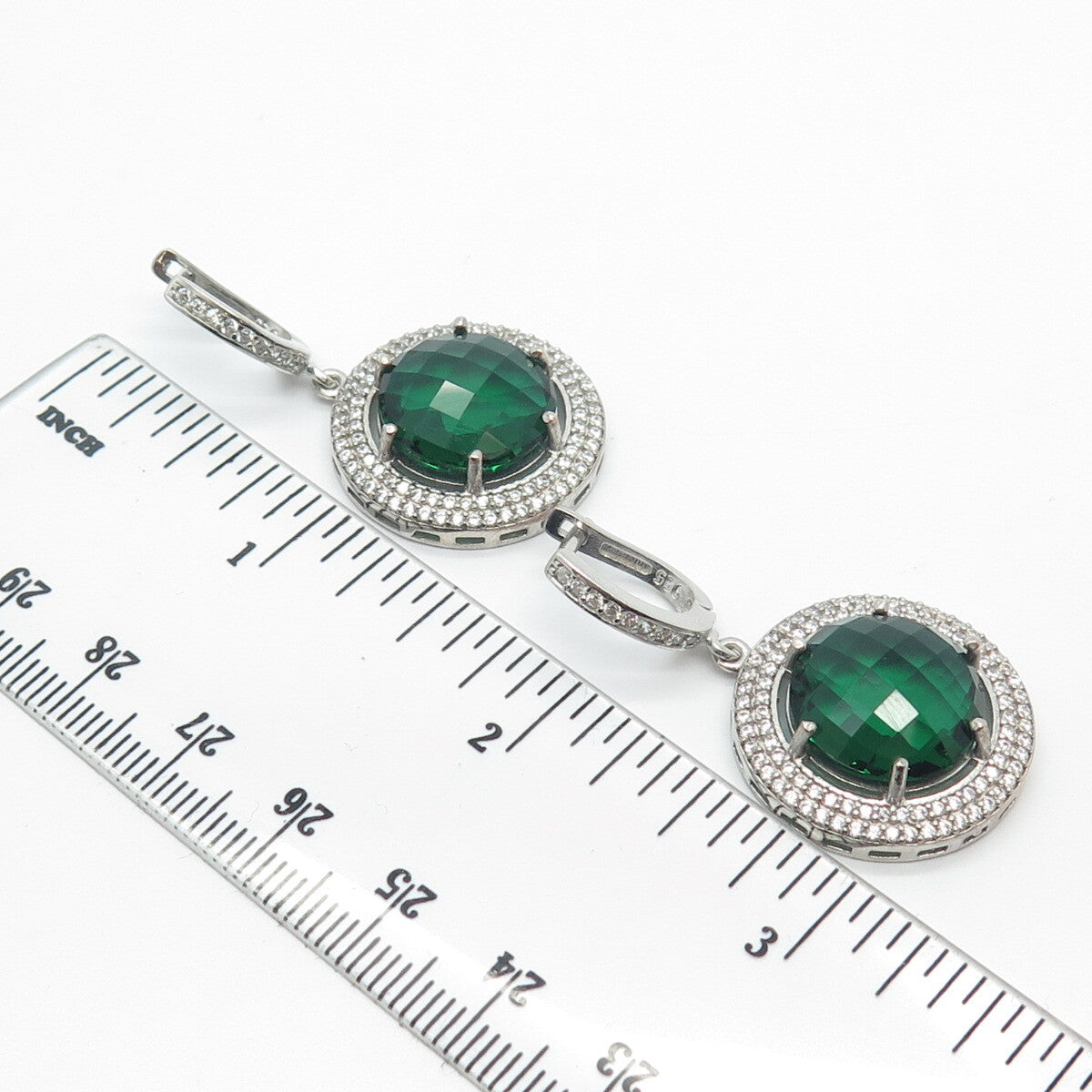 925 Sterling Silver White & Green C Z Dangling Earrings