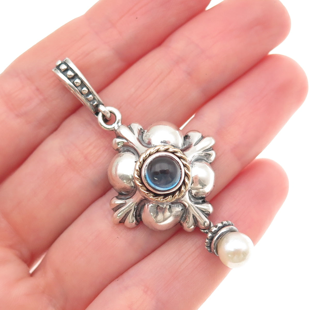 Anita Selinger Sterling Silver 14K Gold Vintage Real Pearl & Blue Topaz Pendant