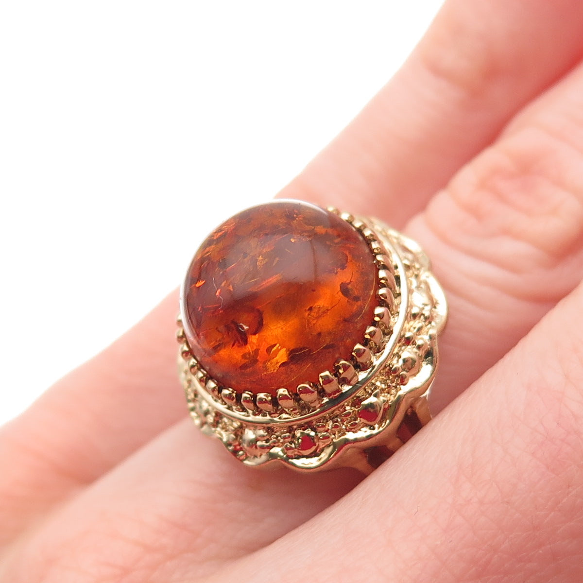 M.R.F. RESOURCES 925 Sterling Silver Gold Plated Vintage Real Amber Ring Size 5