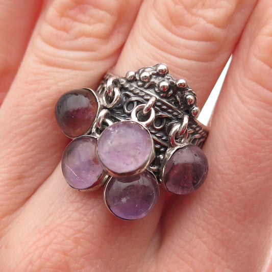 925 Sterling Silver Vintage Mexico Real Amethyst Dangle Charms Ring Size 8.25