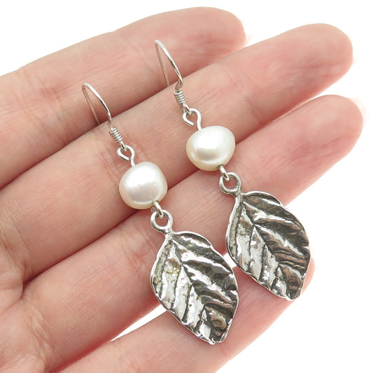 BILI 925 Sterling Silver Vintage Real Pearl  Floral Leaf Oxidized Earrings