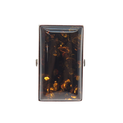925 Sterling Silver Vintage Poland Real Amber Modernist Ring Size 6.75