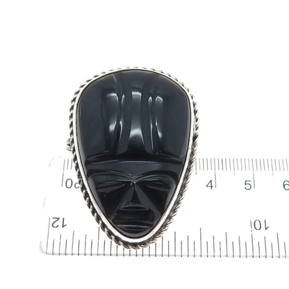 925 Sterling Silver Vintage Real Black Onyx Aztec God Face Oxidized Pin Brooch