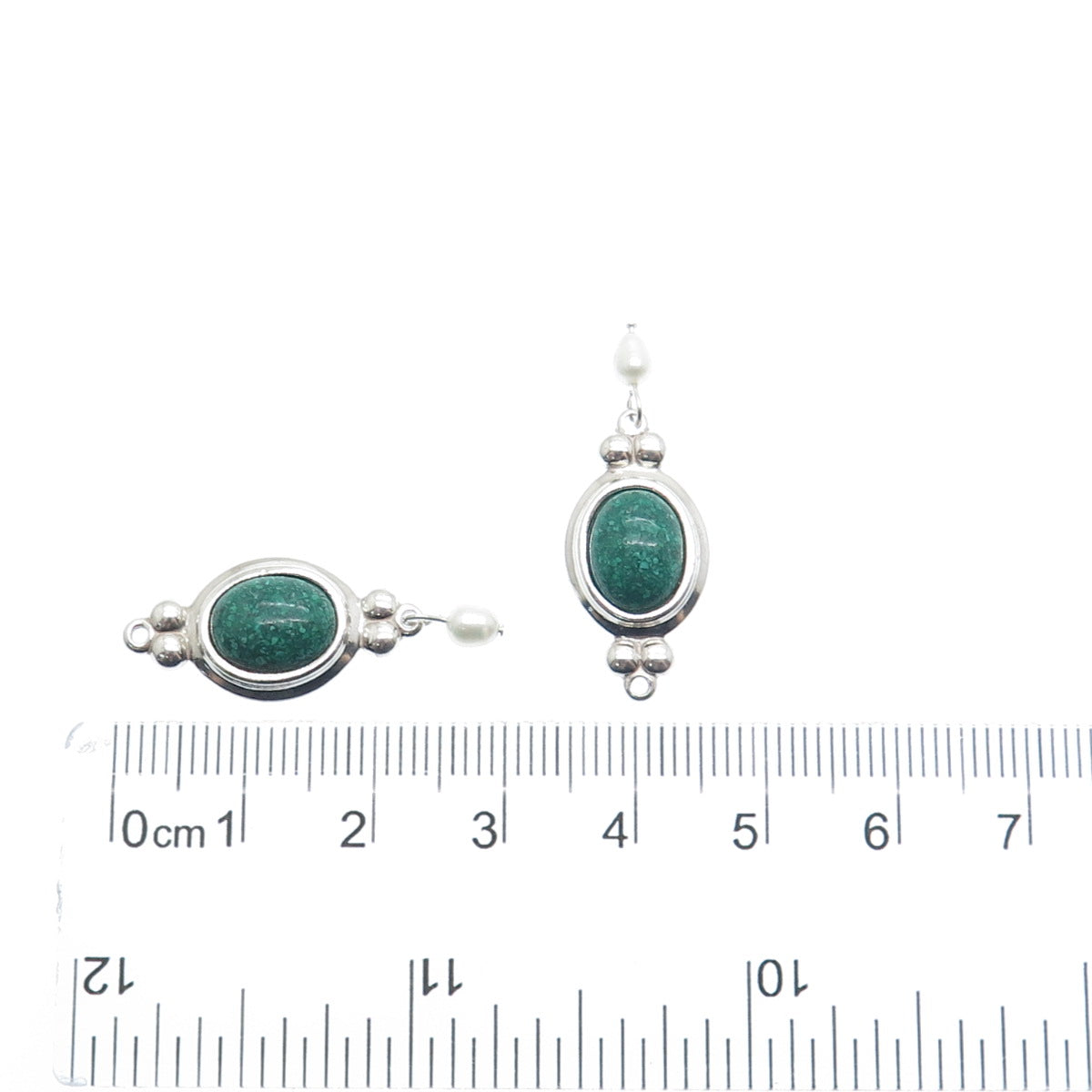 COLEMAN CO. Sterling Silver Vintage Real Malachite Inlay & Pearl Jacket Earrings