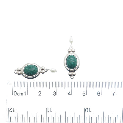 COLEMAN CO. Sterling Silver Vintage Real Malachite Inlay & Pearl Jacket Earrings