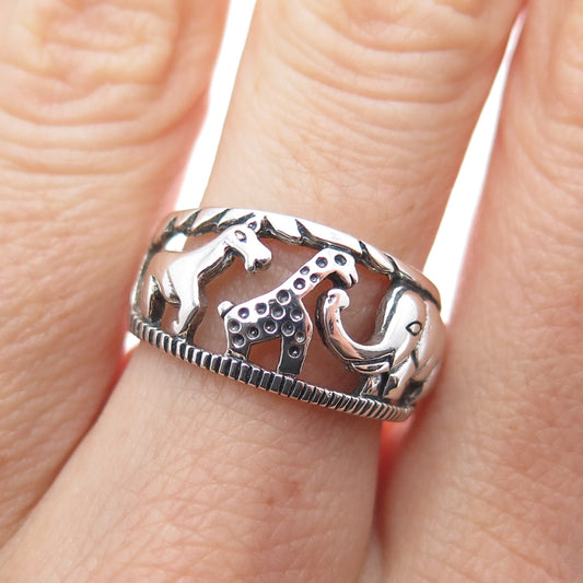 925 Sterling Silver Vintage Horse Giraffe Elephant Oxidized Ring Size 7