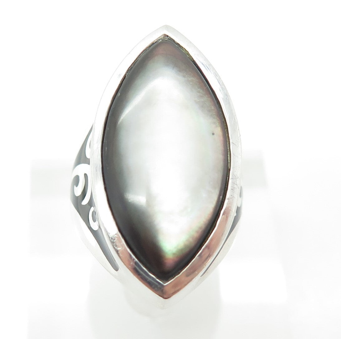FLLI MENEGATTI 925 Sterling Silver Vintage Italy Real MOP & Enamel Ring Size 8