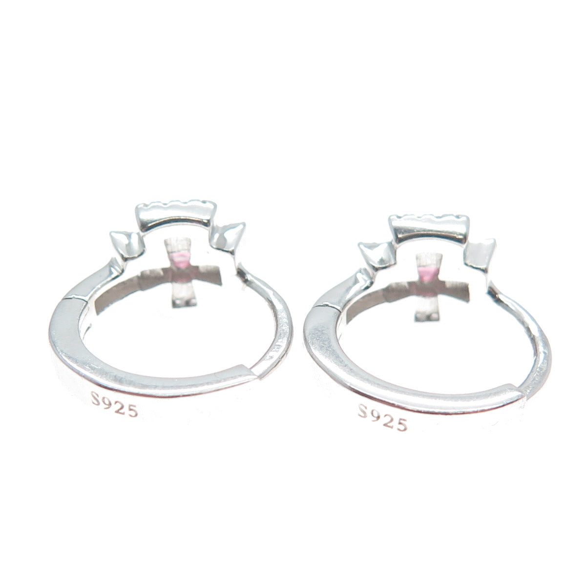 925 Sterling Silver Princess-Cut Pink & Round-Cut White C Z Cross Hoop Earrings
