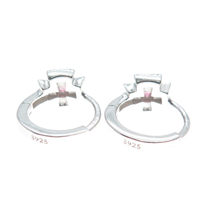 925 Sterling Silver Princess-Cut Pink & Round-Cut White C Z Cross Hoop Earrings