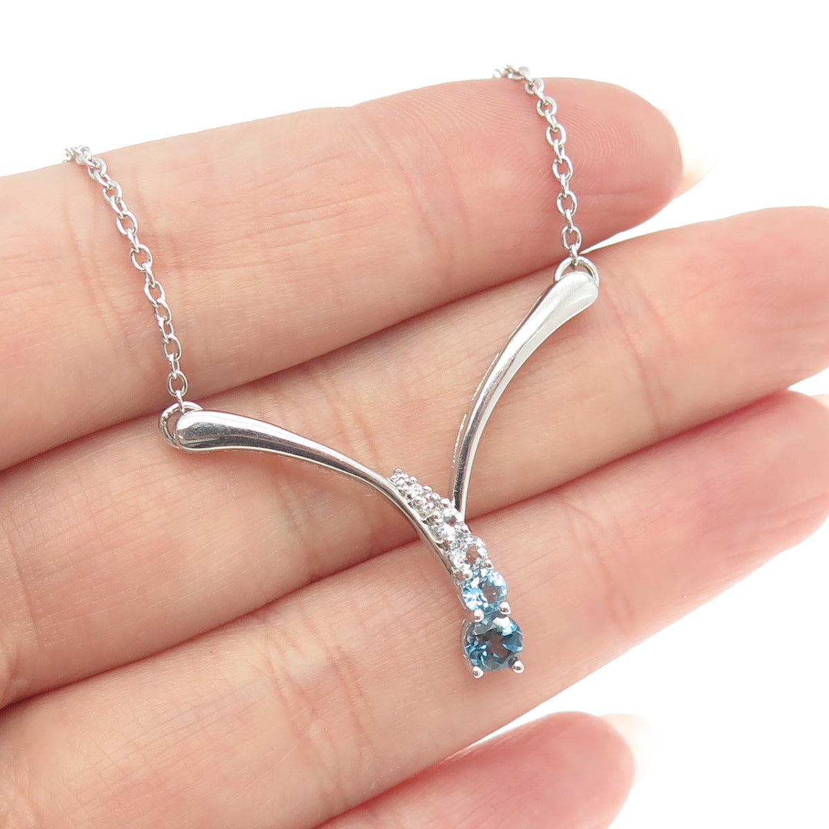 925 Sterling Silver Real White Light Blue London Topaz Cable Chain Necklace 18"