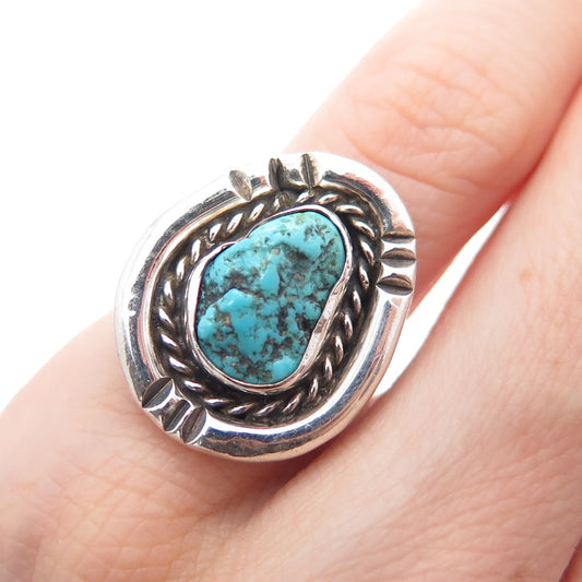 Old Pawn Sterling Silver Vintage Southwestern Turquoise Tribal Ring Size 3.75