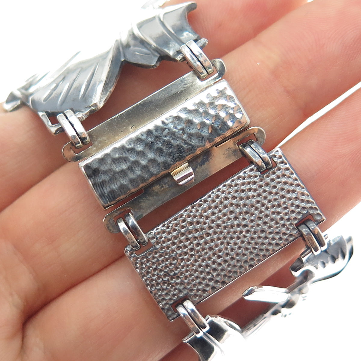 925 Sterling Silver Antique Art Deco Floral Panel Link Oxidized Bracelet 6.5"