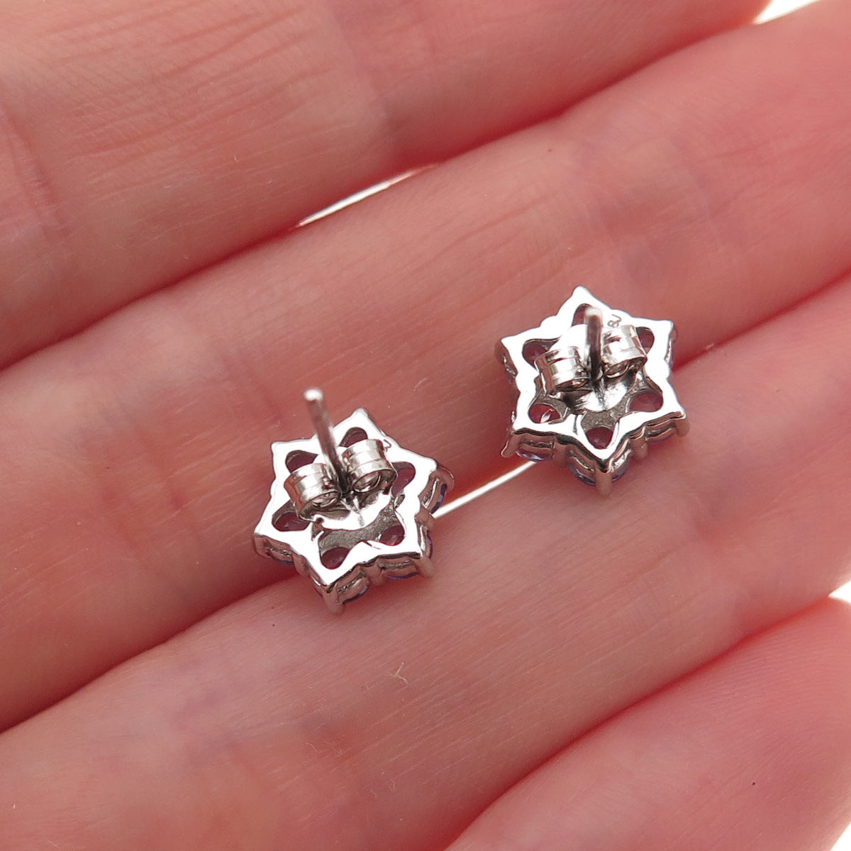 925 Sterling Silver Real Round-Cut Diamond & Tanzanite Floral Stud Earrings