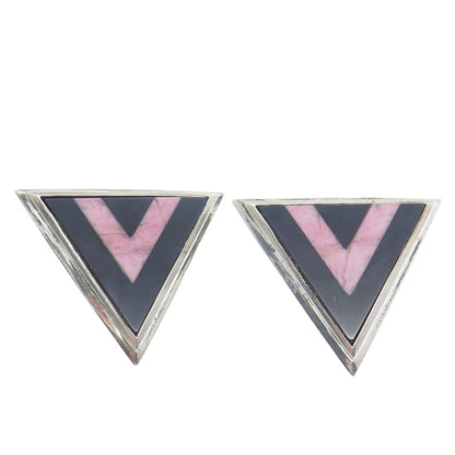 925 Sterling Silver Vintage Real Black Onyx Rhodonite Triangle Clip On Earrings