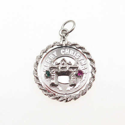 925 Sterling Silver Vintage Rhinestone Fireplace Merry Christmas Charm Pendant