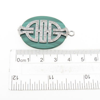 925 Sterling Silver Real Diamond & Malachite Longevity Chinese Character Pendant