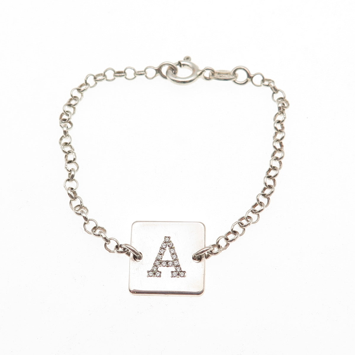 925 Sterling Silver Italy Round-Cut C Z Letter A Initial Rolo Link Bracelet 5"