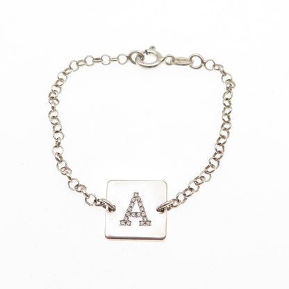 925 Sterling Silver Italy Round-Cut C Z Letter A Initial Rolo Link Bracelet 5"