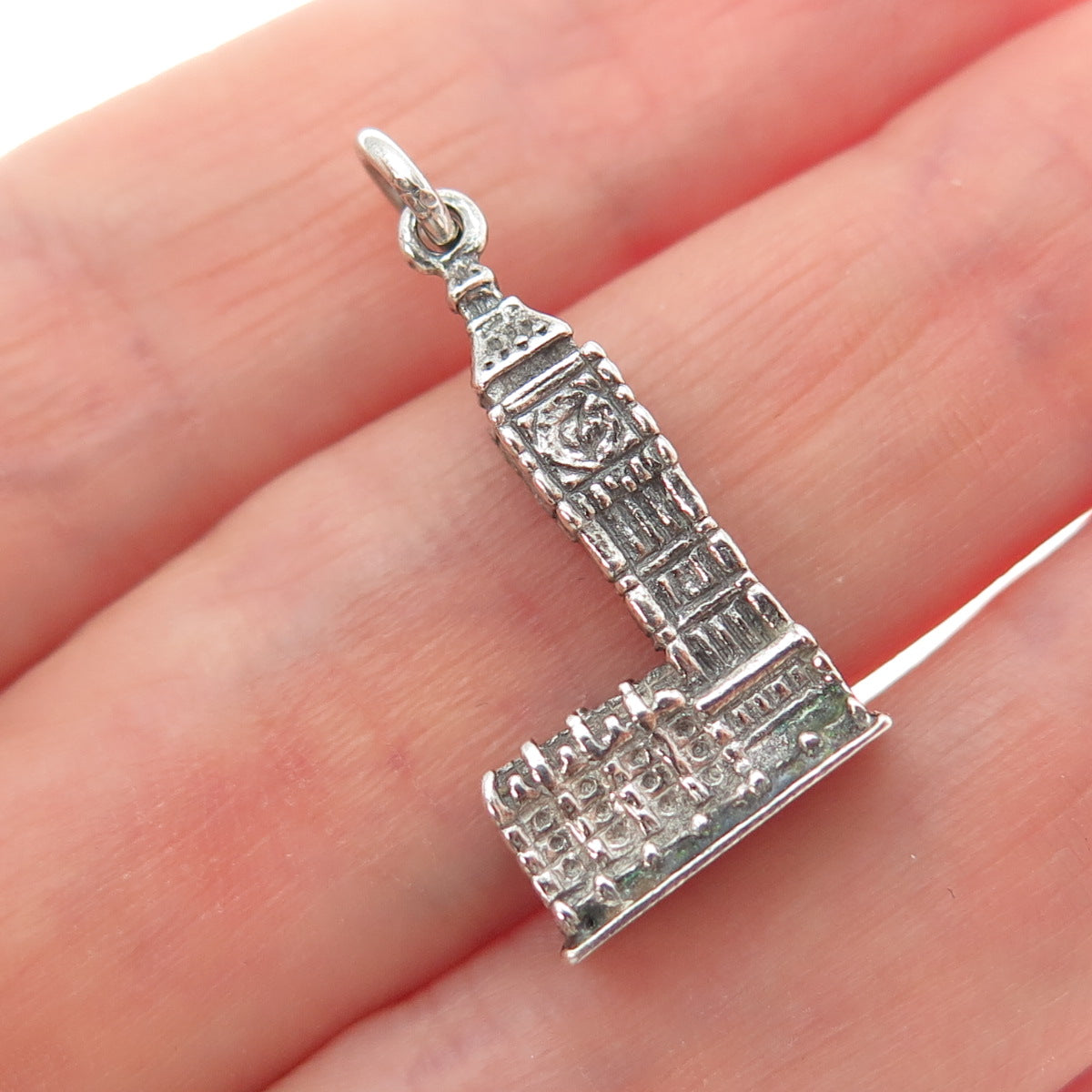 925 Sterling Silver Vintage Big Ben Oxidized Minimalist 3D Charm Pendant