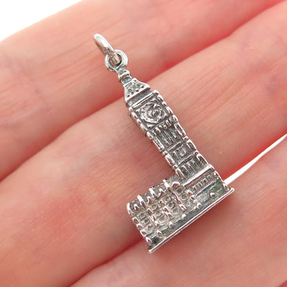 925 Sterling Silver Vintage Big Ben Oxidized Minimalist 3D Charm Pendant